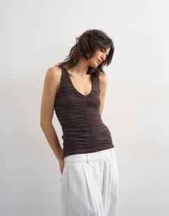 Ruched v-neck tank top in dark chocolate