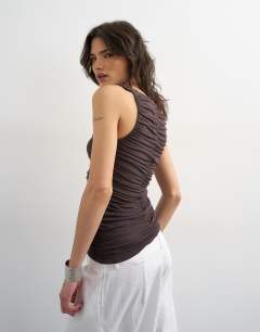 Model wearing Ruched v-neck tank top in dark chocolate
