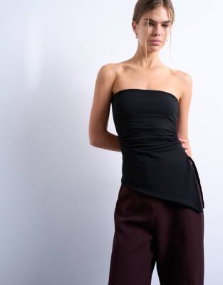 Topshop Ruched Waist Asymmetric Hem Bandeau Top In Black
