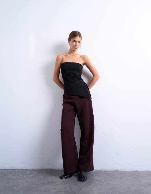 Topshop ruched waist asymmetric hem bandeau top in black, 2 of 4