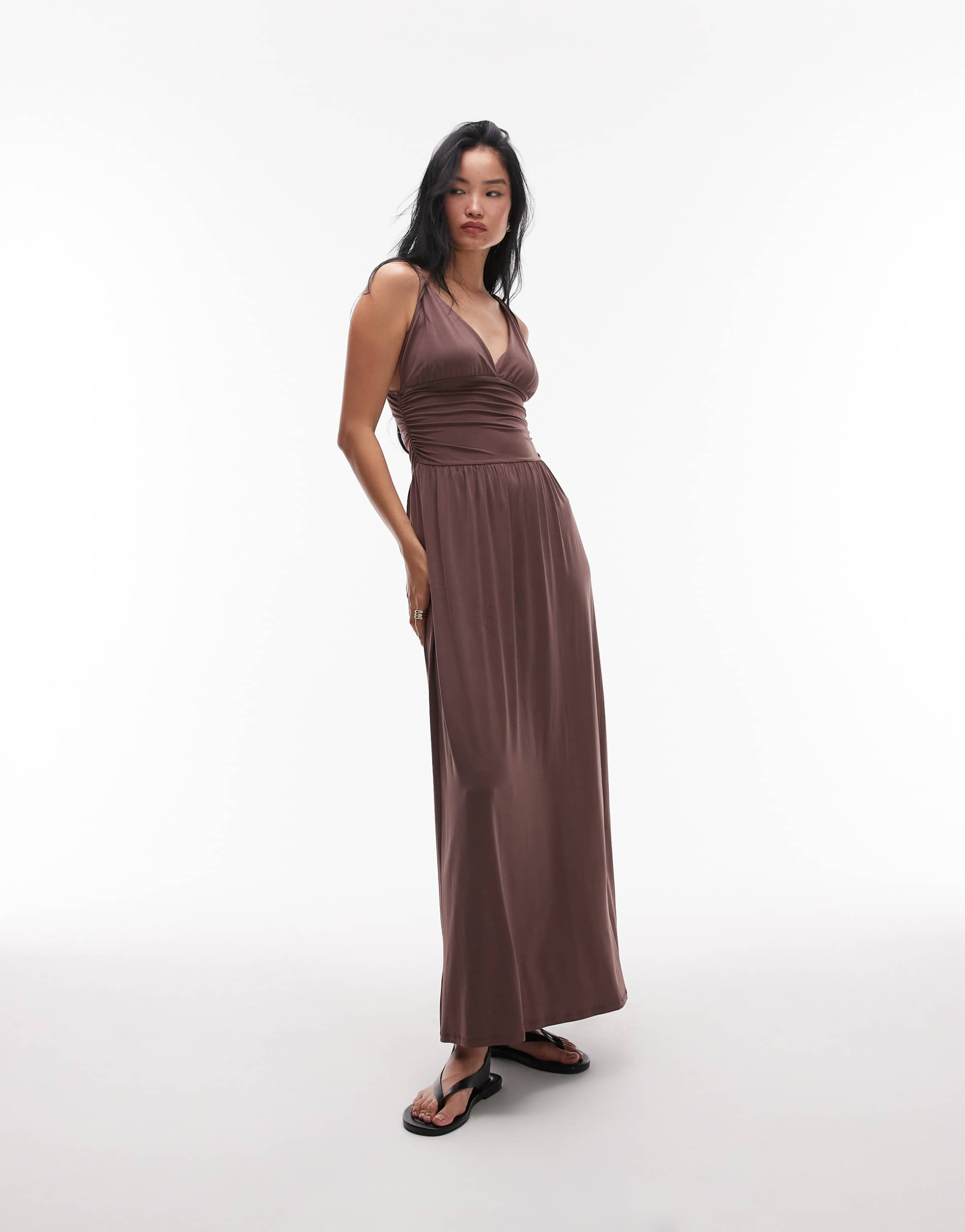 topshop ruched waist cami maxi dress in chocolate