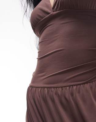 Topshop Ruched Waist Cami Maxi Dress In Brown