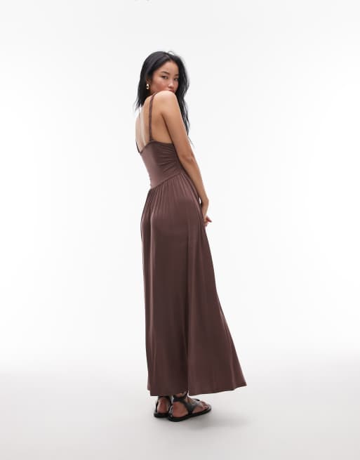Topshop ruched waist cami maxi dress in chocolate, 3 of 4