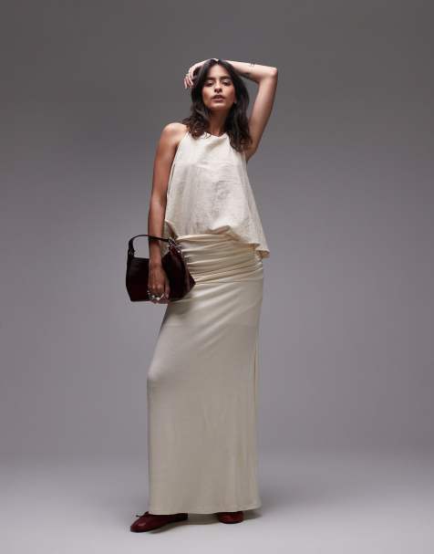 Topshop ruched waist maxi skirt in ecru - view 1