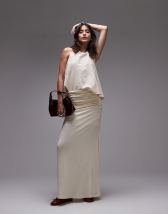 Topshop ruched waist maxi skirt in chocolate brown