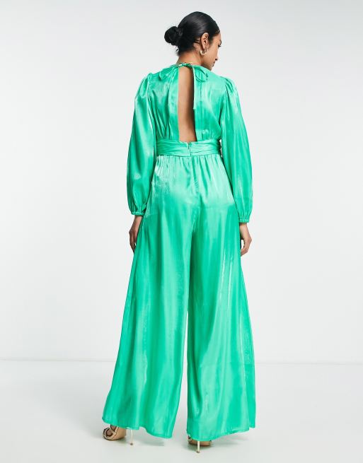 Green Extreme Oversized Satin Plunge Tie Waist Blouse, Missguided