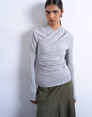 Topshop Ruched Wrap Long Sleeve Top In Gray