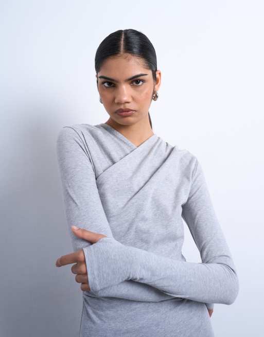 Topshop ruched wrap long sleeve top in gray heather | ASOS