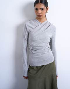 Ruched wrap long sleeve top in grey marl