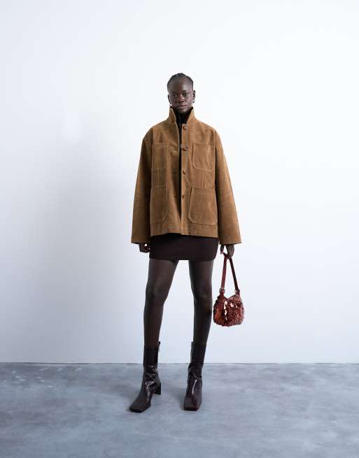 Topshop – Rudobrązowa pudełkowa kurtka koszulowa z imitacji zamszu w stylu casual