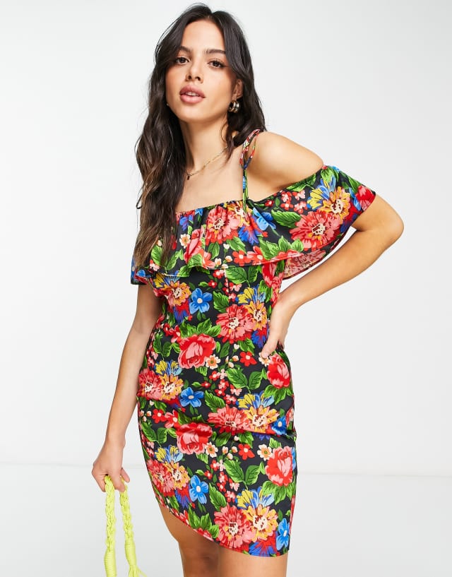 Topshop ruffle bardot dress with tie shoulder in multi floral