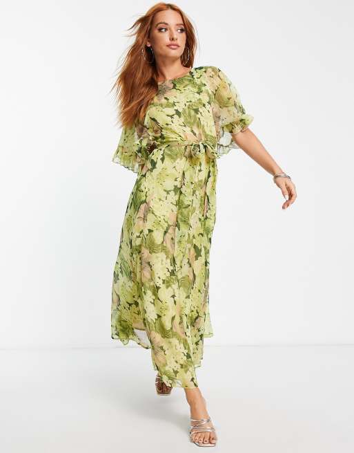 Topshop ruffle belted floral occasion midi dress in green 