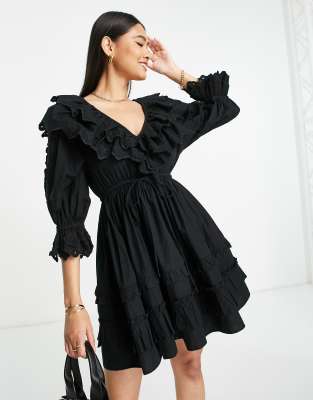 Topshop ruffle broderie mini dress in black