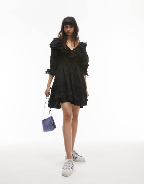 Topshop ruffle broderie mini dress in black - view 1