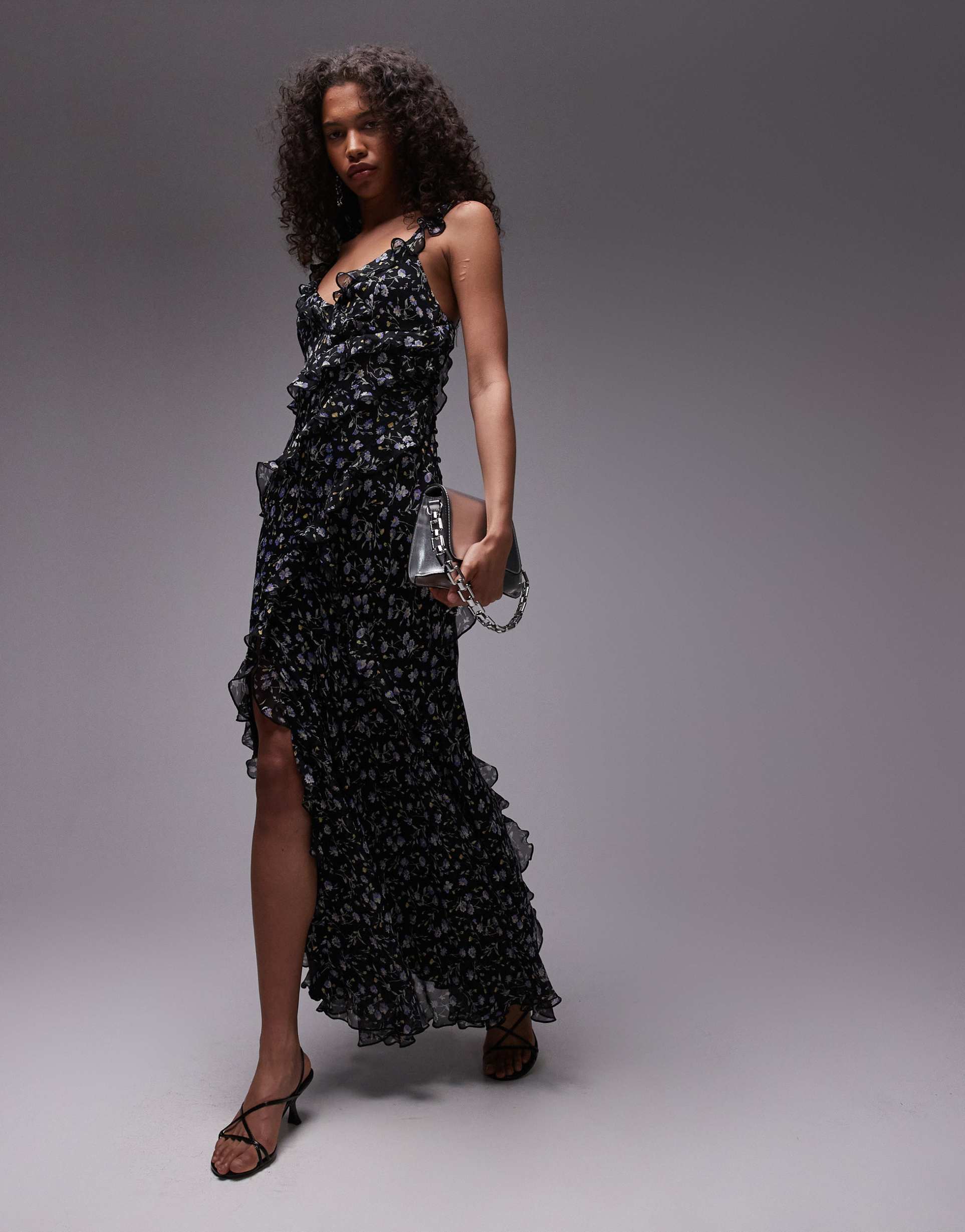 topshop ruffle cami maxi dress in blue floral
