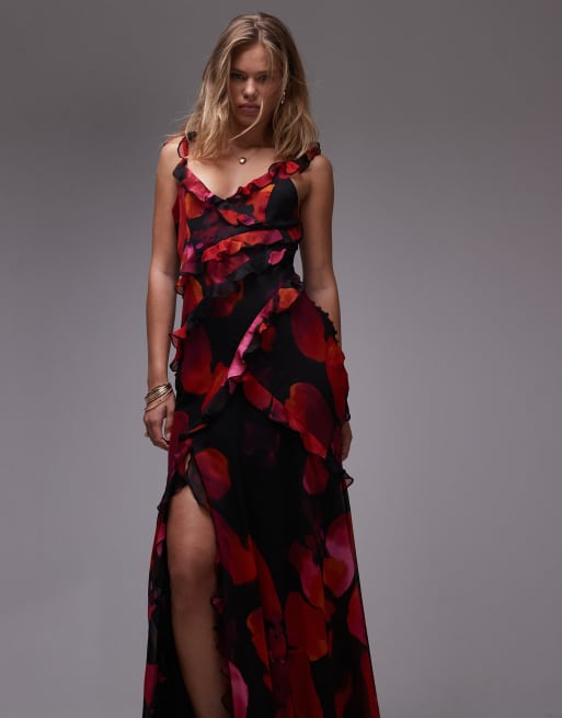 Topshop ruffle cami maxi dress in bold red and pink floral | ASOS