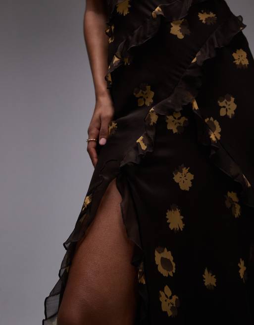 Topshop ruffle cami maxi dress in brown buttermilk floral