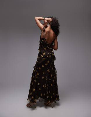 Topshop ruffle cami maxi dress in brown buttermilk floral-Black