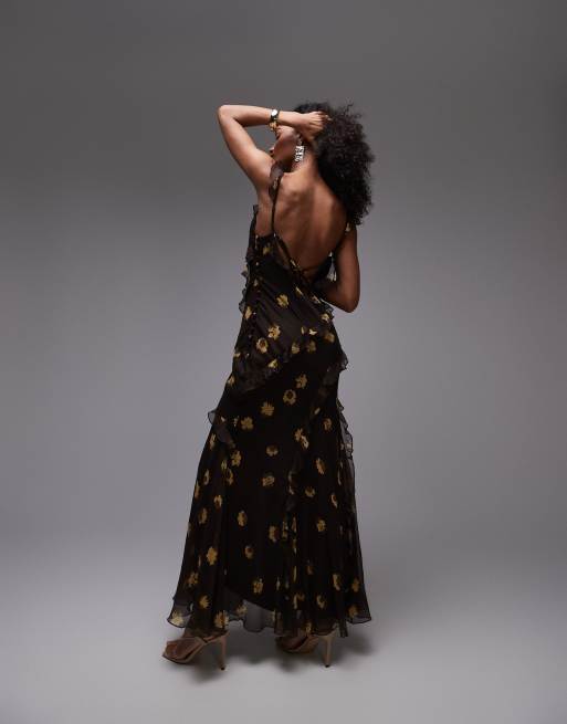 Topshop ruffle cami maxi dress in brown buttermilk floral, 3 of 4