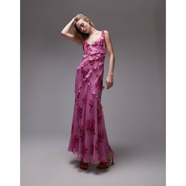 ★Cest Moidew★ Cest_Pink roses ruffled camisole dress Women's Red Roses Lace Layered Ruffle Maxi Cami Dress