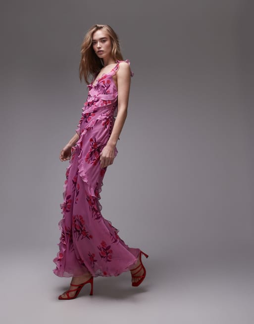 Topshop ruffle cami slip maxi dress in pink based floral 