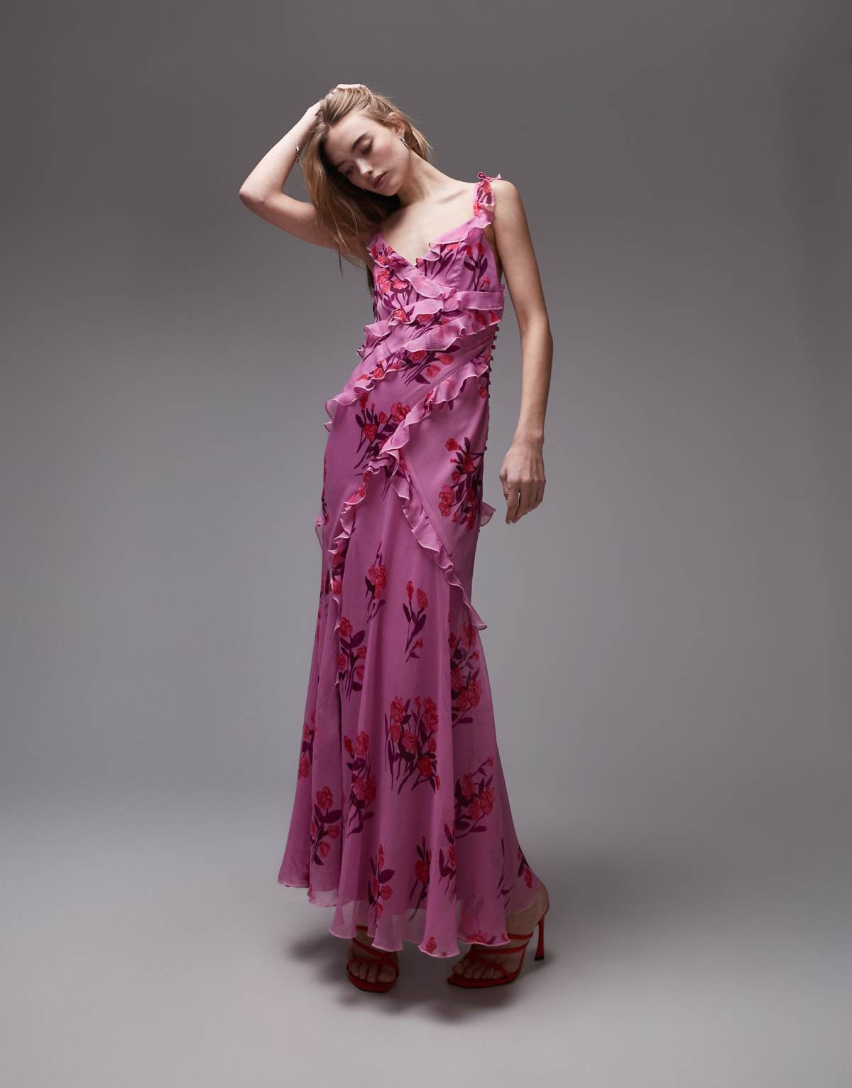 Topshop ruffle cami slip maxi dress in pink based floral