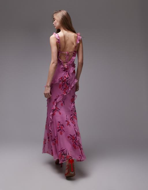 Topshop ruffle cami slip maxi dress in pink based floral , 4 of 4