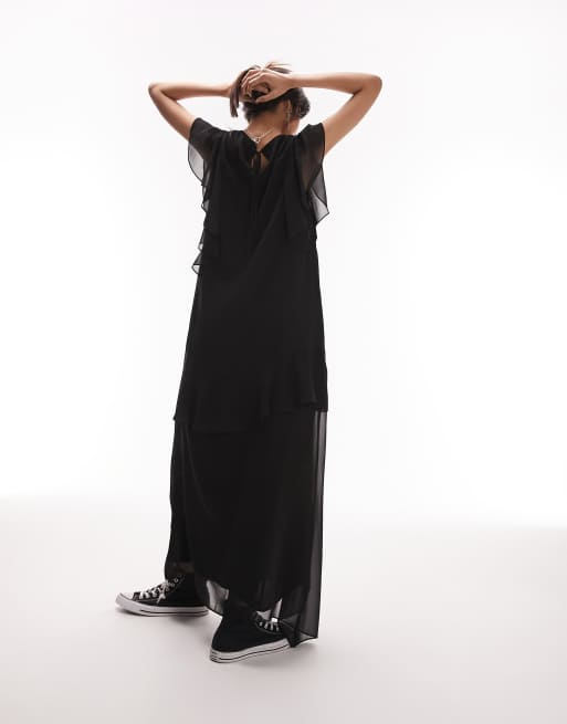 Topshop ruffle chuck on midi dress in black