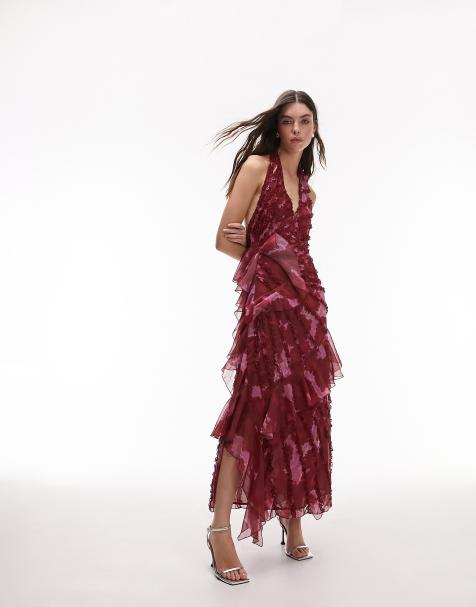 Topshop ruffle detail halterneck midi dress in pink print - view 1