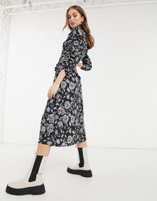 topshop midi dress with ruffle detail in black