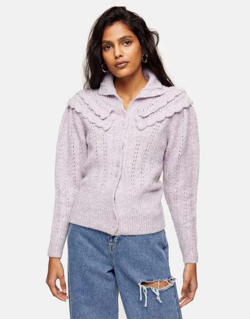 Topshop ruffle detail pointelle knitted cardigan in lilac