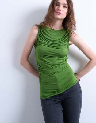 Topshop Ruffle Detail Tank Top In Green