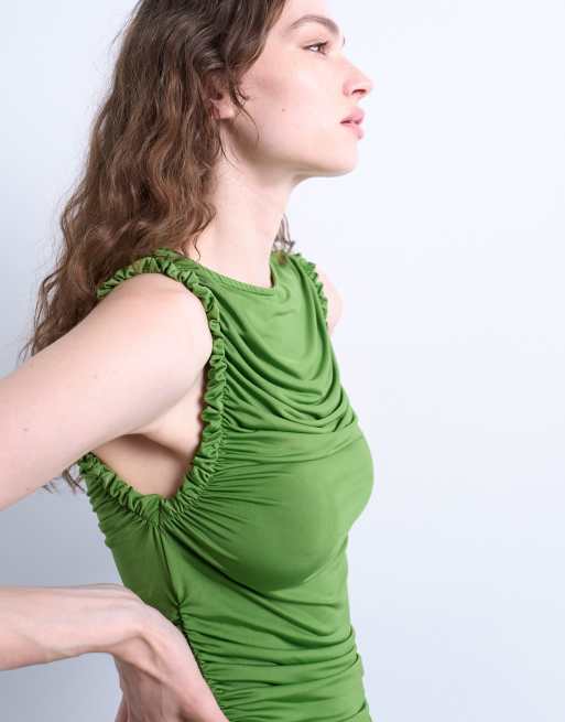 Topshop ruffle detail tank top in green, 3 of 4