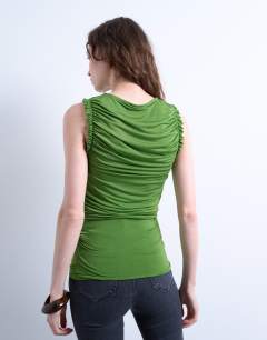 Model wearing Ruffle detail tank top in green