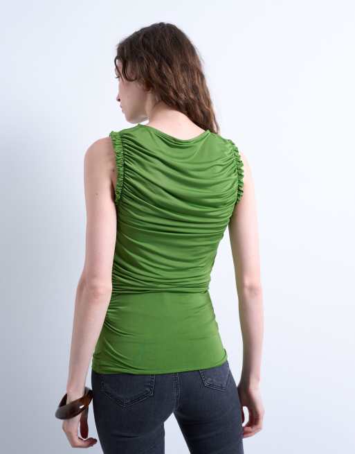 Topshop ruffle detail tank top in green, 4 of 4