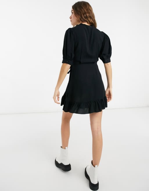 Topshop ruffle detail wrap mini dress in black, 2 of 4