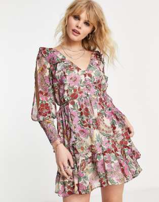 Topshop ruffle floral boho mini dress in multi