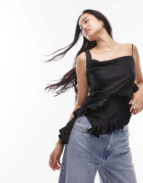 Topshop ruffle front cami top in black - view 1