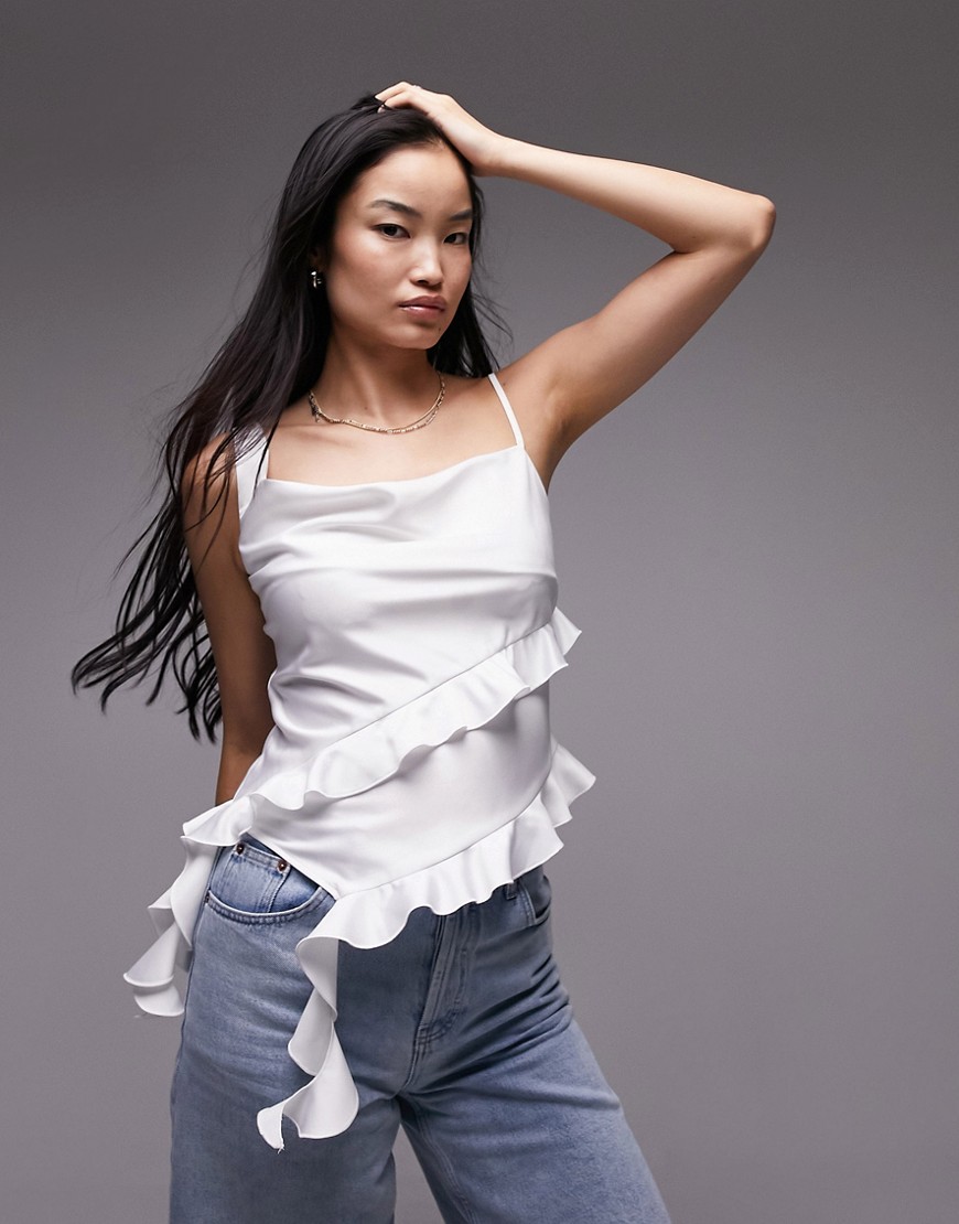 Topshop ruffle front cami top In ivory-White