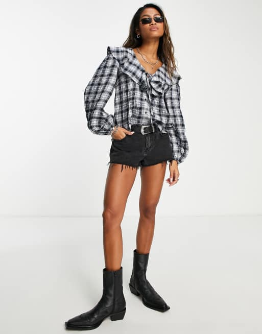 Topshop ruffle front check shirt in blue | ASOS