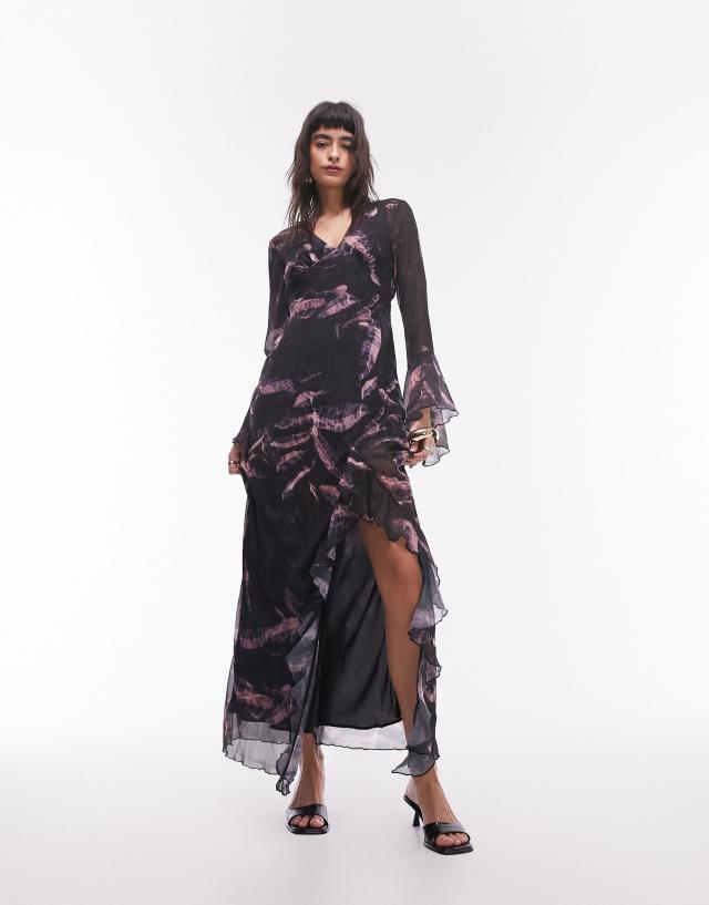 Topshop - ruffle georgette midi dress in feather print in multi