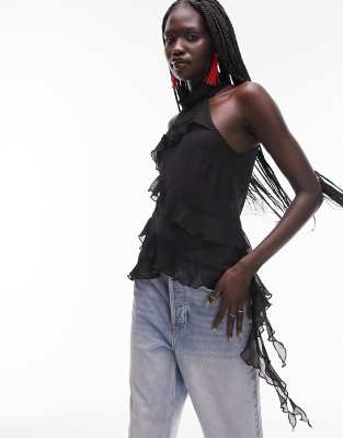 Topshop Ruffle Halter Top In Black In Black