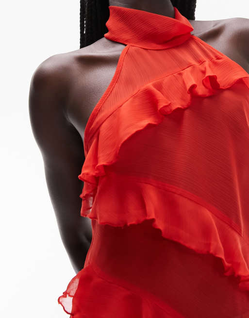 Topshop ruffle halter top in red | ASOS