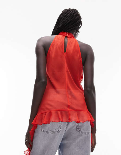 Topshop ruffle halter top in red | ASOS