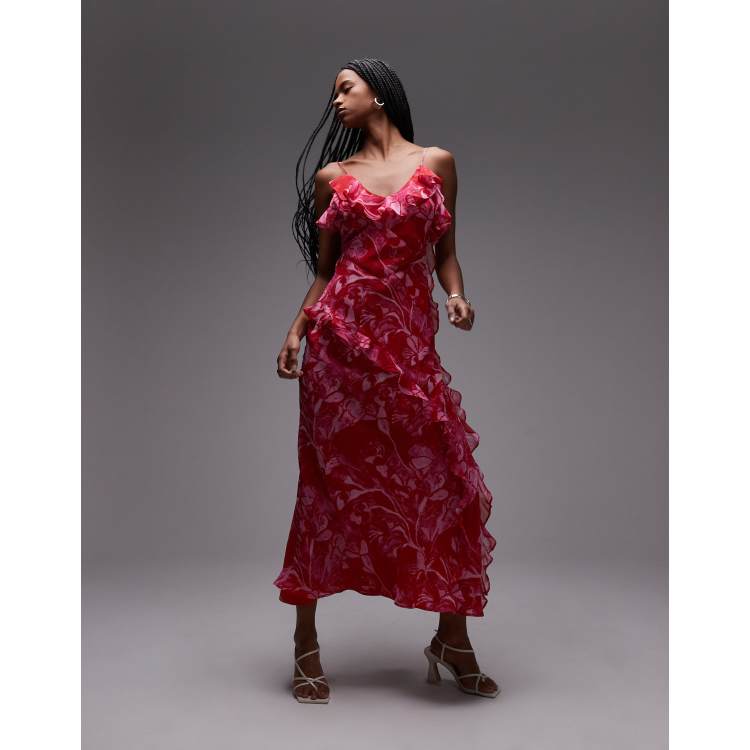 Topshop ruffle midi slip dress in pink abstract floral | ASOS