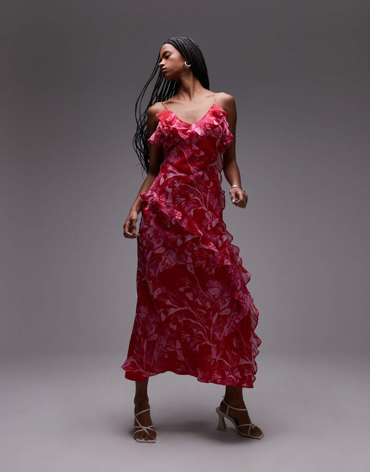 Topshop ruffle midi slip dress in pink abstract floral