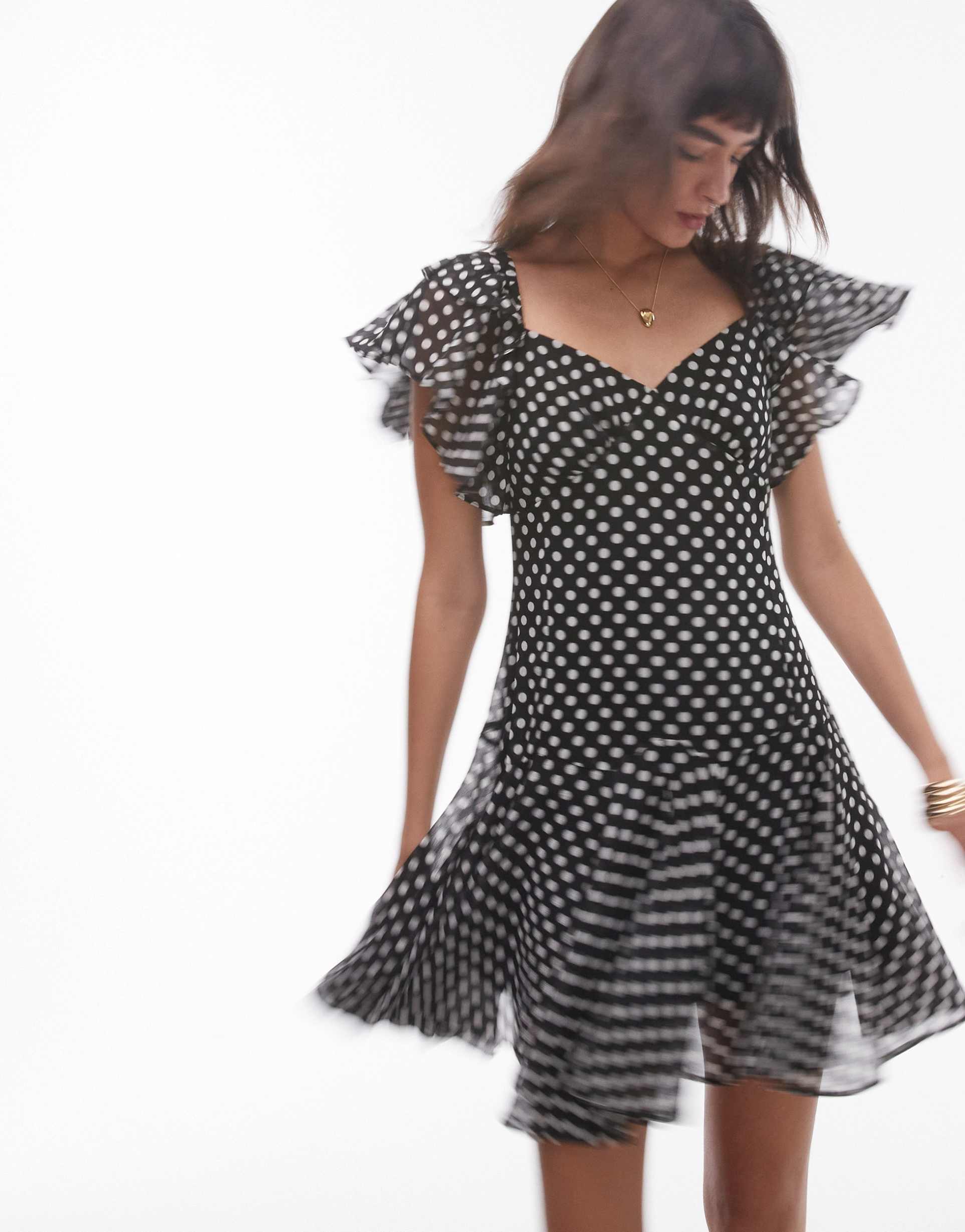 topshop ruffle mini tea dress in mono polka dot