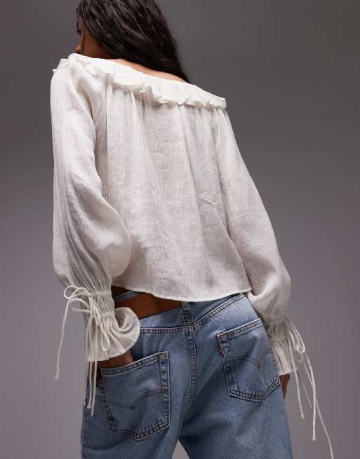 Topshop ruffle neck femme top in ivory