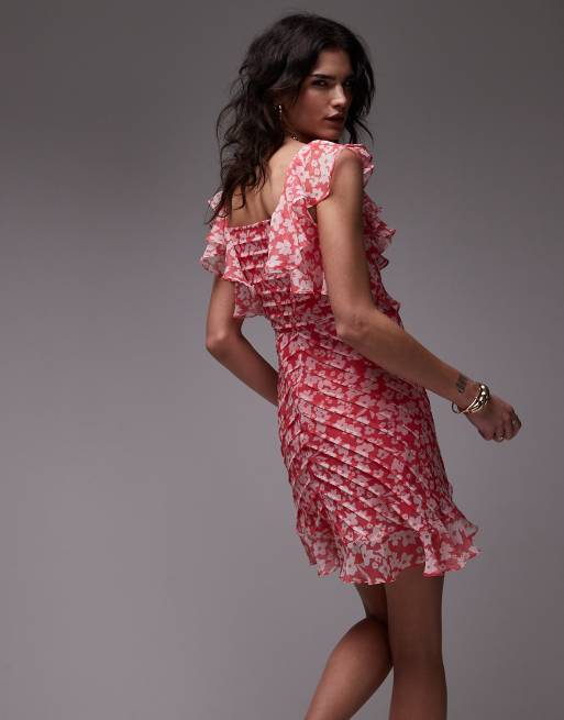 Topshop ruffle pintuck mini dress in pink floral, 2 of 4