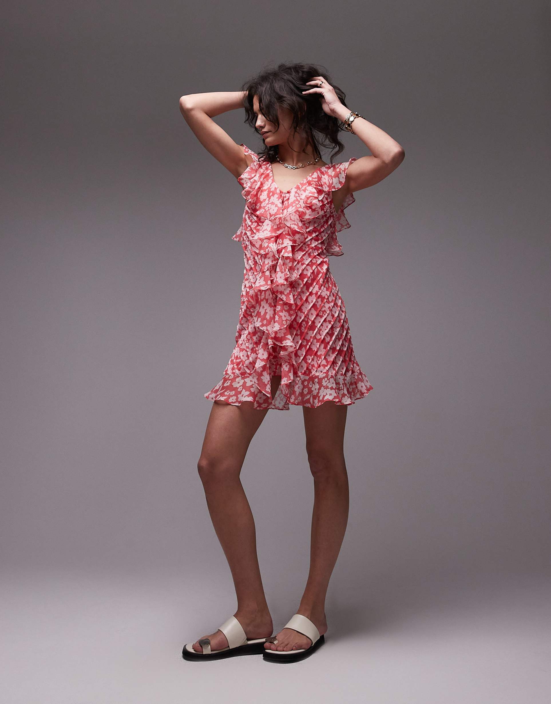 topshop ruffle pintuck mini dress in pink floral